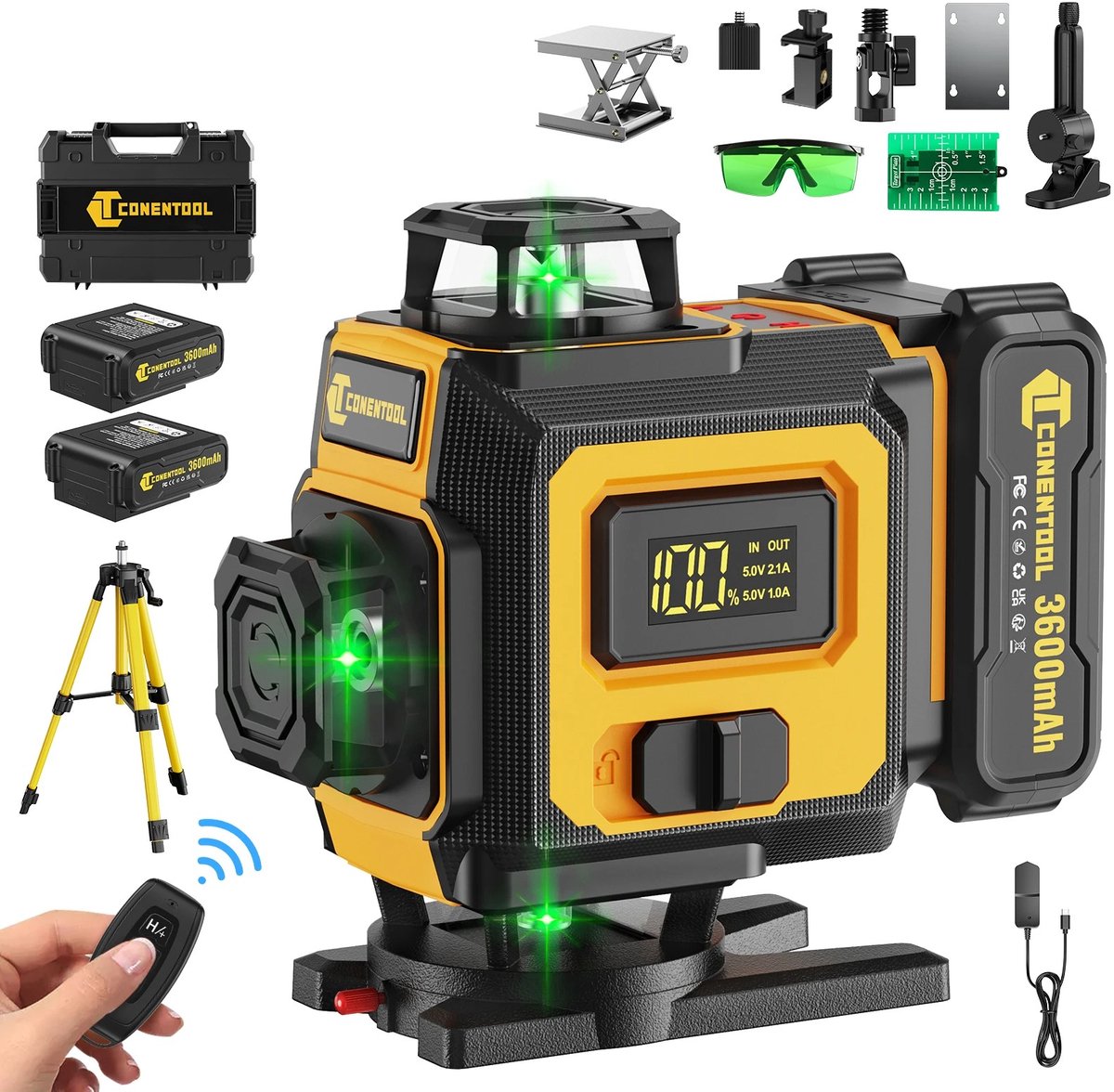 Nyoz 4D 16 lijnen kruislijnlaser - Lijnlaser - Laser waterpas - Zelfnivellerend - Groene laser - 2x 3600 mAh accu - Met 1m statief