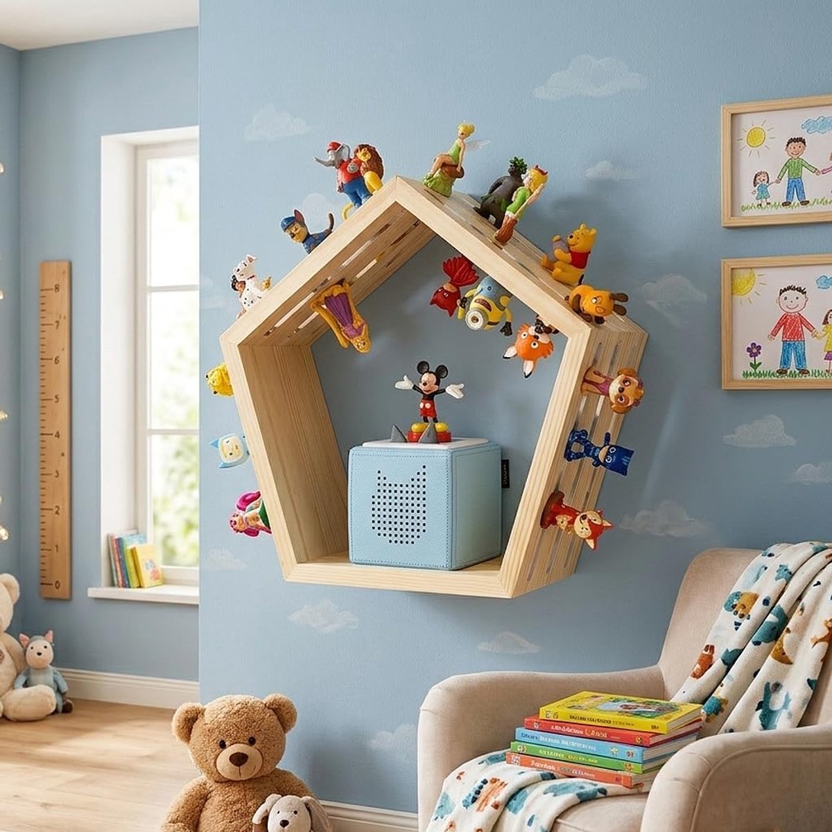 Vivo Rek voor Tonie Box en Tonies - Magnetische opslag Toniebox Accessoires Houder Starterset - Compatibel met Toniebox - Wandplank Standplank Kinderkamer Houten Plank - Pentagon