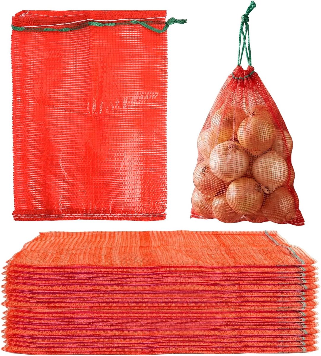 20 stuks, 28 x 45 cm, aardappelzak, 20 kg, uienzak, fruitzak, netzak met trekkoord, scheurvast van PE, voor groenten, fruit, noten, opslag, transport, netzak, notenzakken