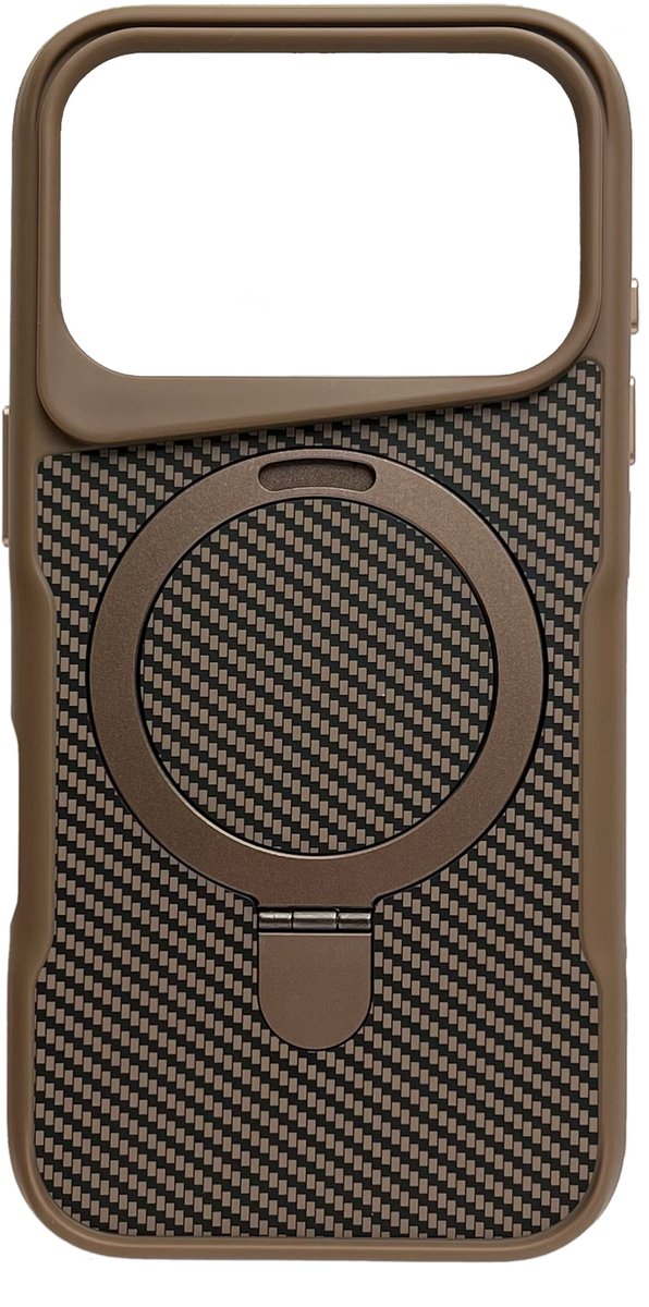 Hoesje Geschikt voor Apple iPhone 18 Pro Max - Goud - Geschikt voor MagSafe - Luxe Casemania Carbon Back Cover met Kickstand Ring en Verhoogde Camera Veiligheidsranden