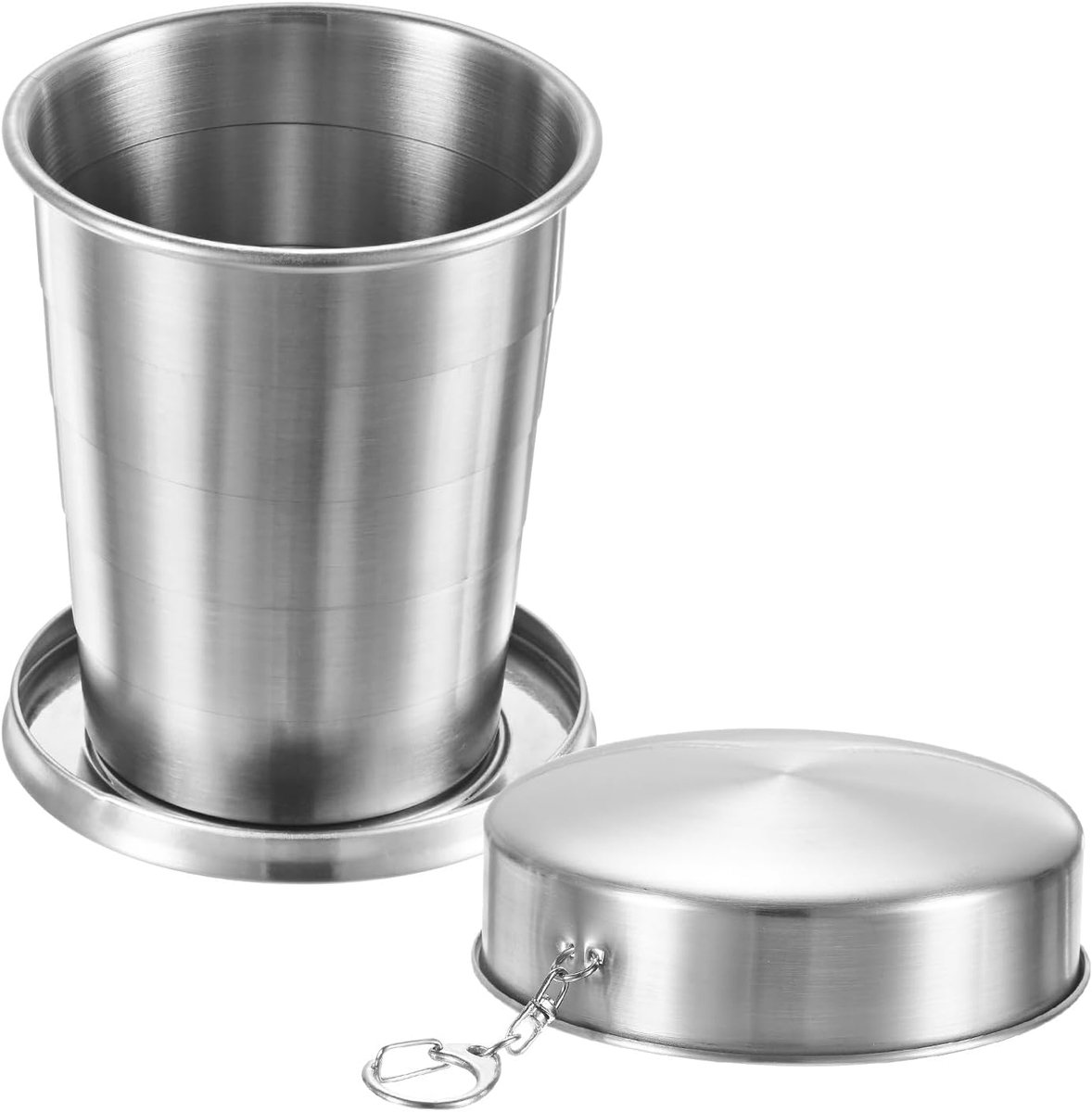 METERXITY Roestvrijstalen opvouwbare reisbeker, 450 ml, herbruikbare opvouwbare metalen beker, draagbare opvouwbare waterfles met deksel en sleutelhanger voor reizen/kamperen/wandelen