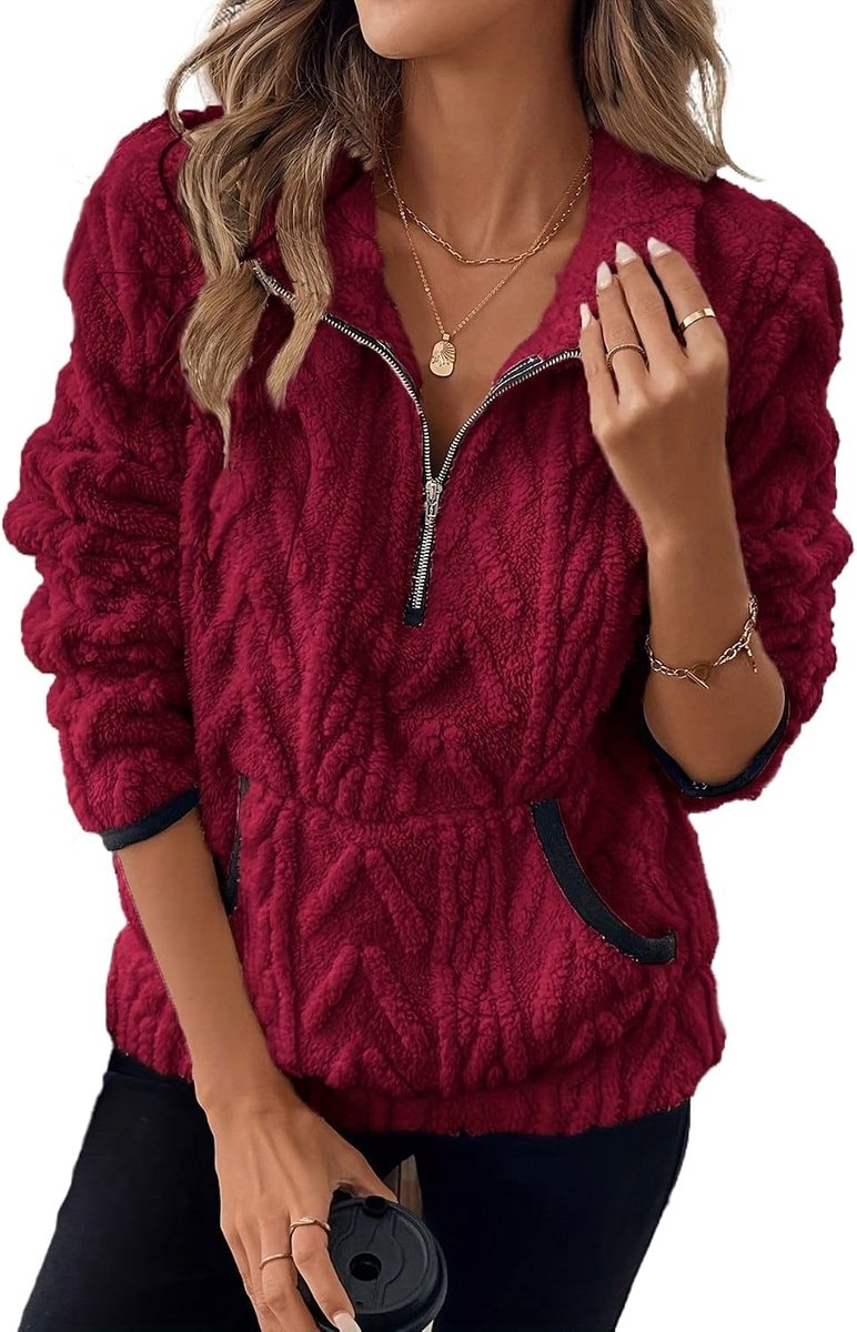 Fleecepullover voor dames, jacquard jas met hoge kraag, fleece, sweatshirt, herfst, winter, sweatshirt met ritssluiting en zakken