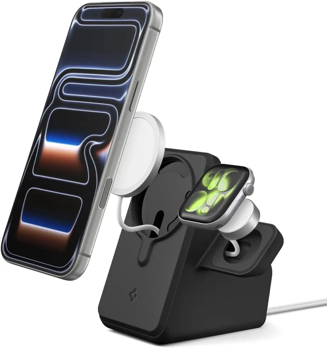 Spigen MagFit Duo Stand – MagSafe Oplader Houder – Geschikt voor iPhone 17/16/15, Apple Watch en AirPods – 25W – Zwart