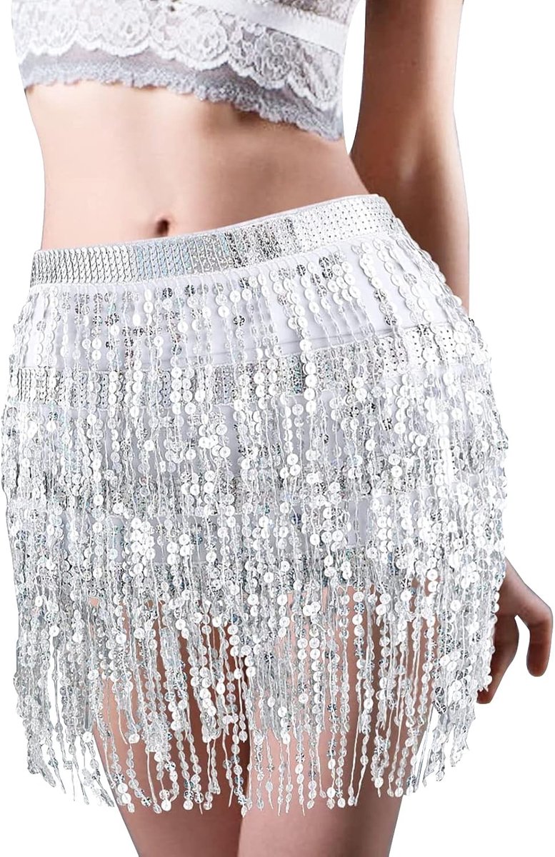 Rok met pailletten, glitterrok, rave-kostuum, franjesrok, pailletten, kwasten, heupdoek, buikdans, minirok voor dames en meisjes, zilverkleurig