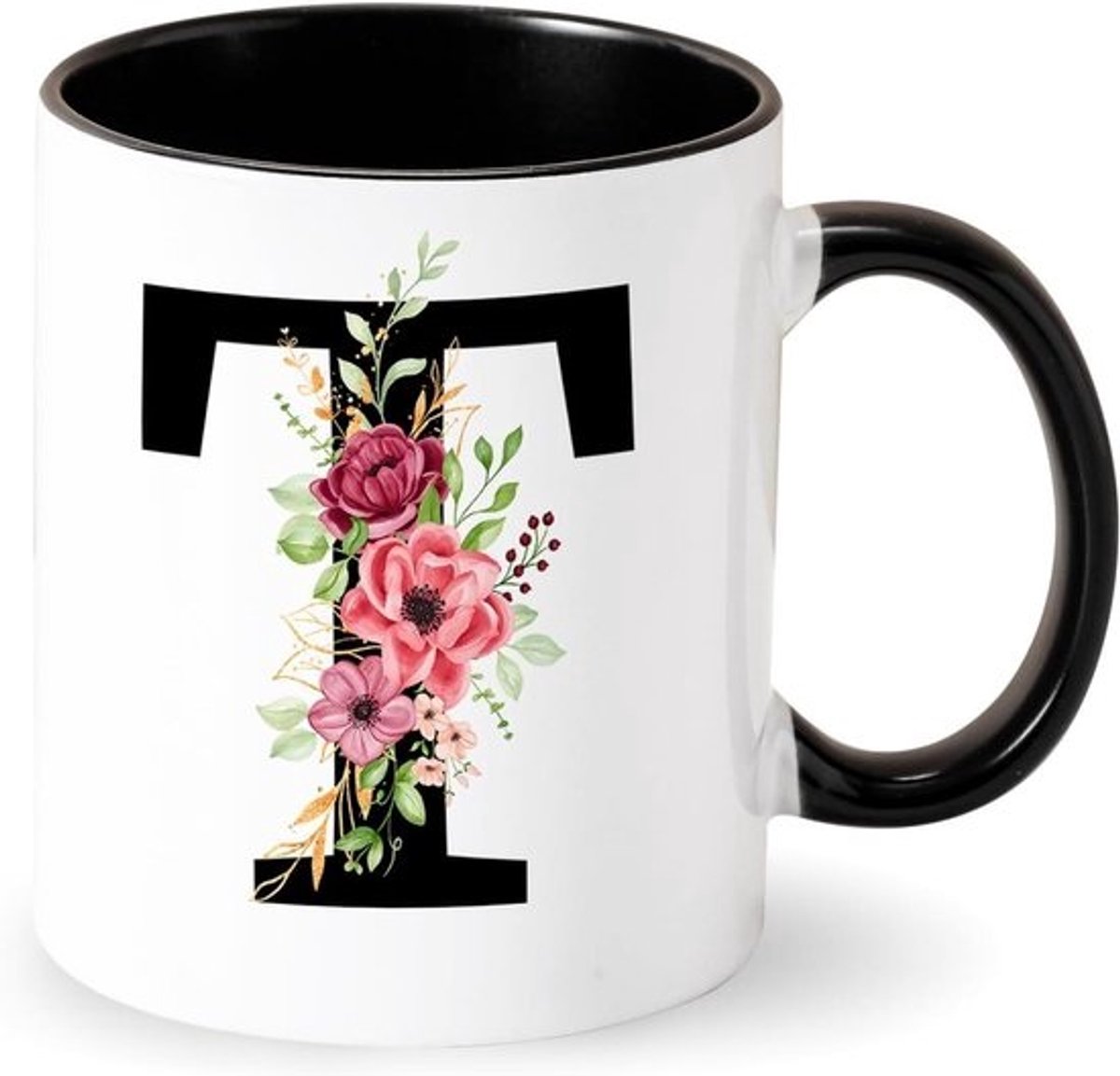 Initial Mugs Personalized Coffee Mug Letters Floral Mug Black Ceramic Mug Initial Mug Gifts for Women Friends for Birthday, Valentine's Day, Christmas (D)