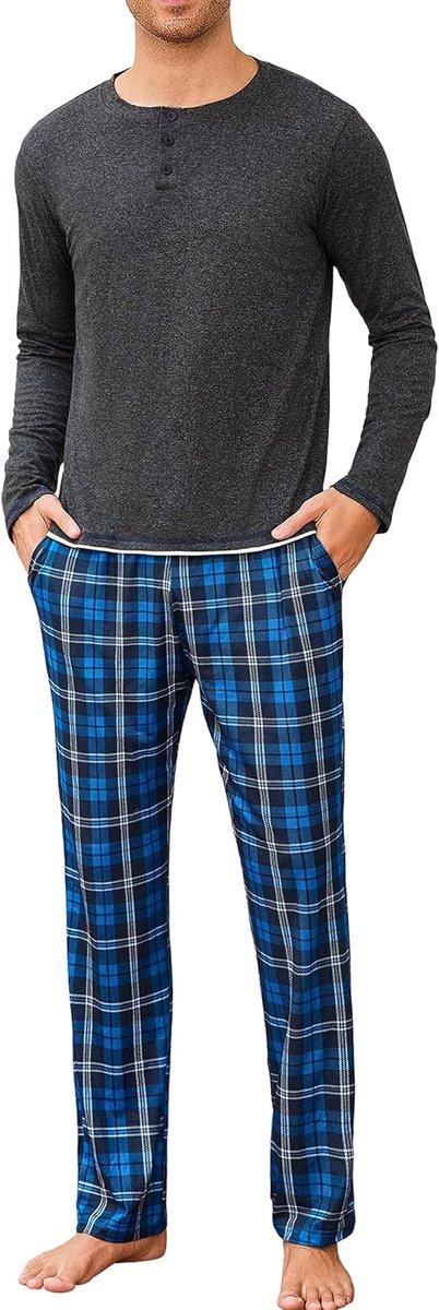 Pyjama voor heren, winter, nachtkleding, pyjamaset, ronde hals, lange mouwen en geruite broek, S-4XL