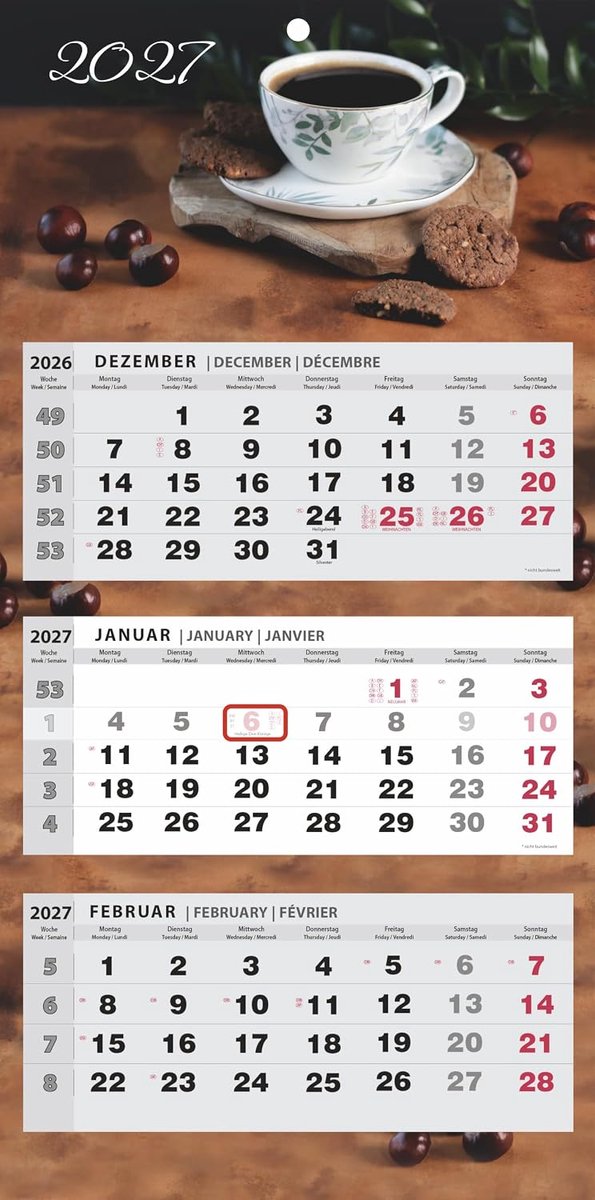 Kalender 2022, wandkalender, 3 maanden per pagina (koffie)