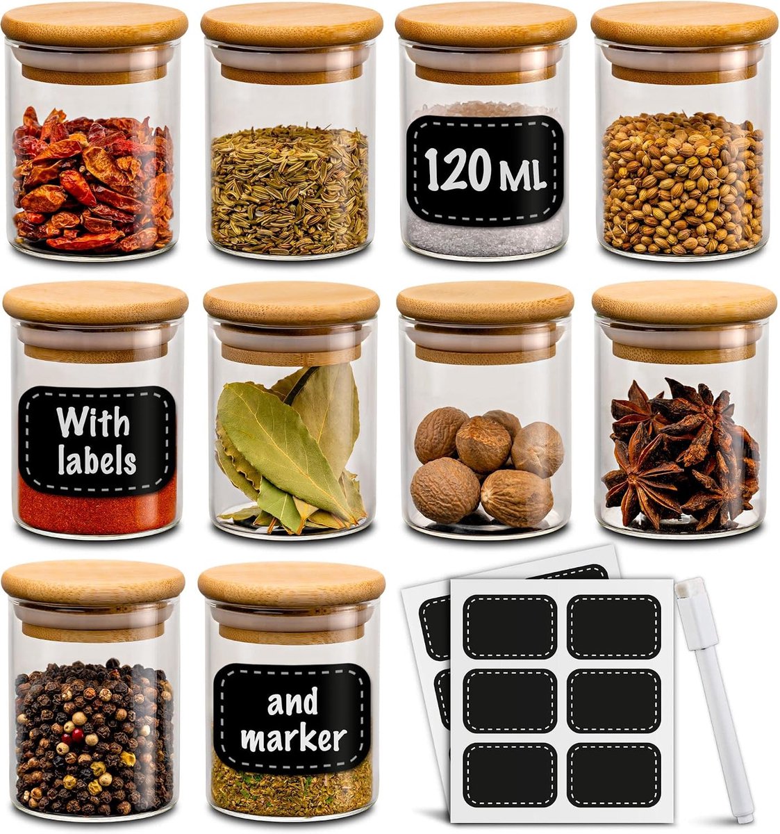 Set van 10 Kruidenpotjes Glas 120 ml – Met Etiketten – Spice Jars