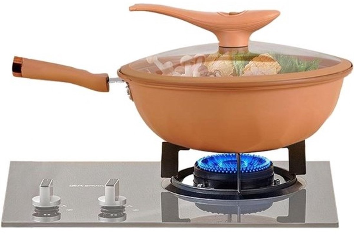 Wok met Antiaanbaklaag - Koekenpan Gietijzer - Koken en Stomen - Gelijkmatige Warmtegeleiding - 32 cm - Zwart