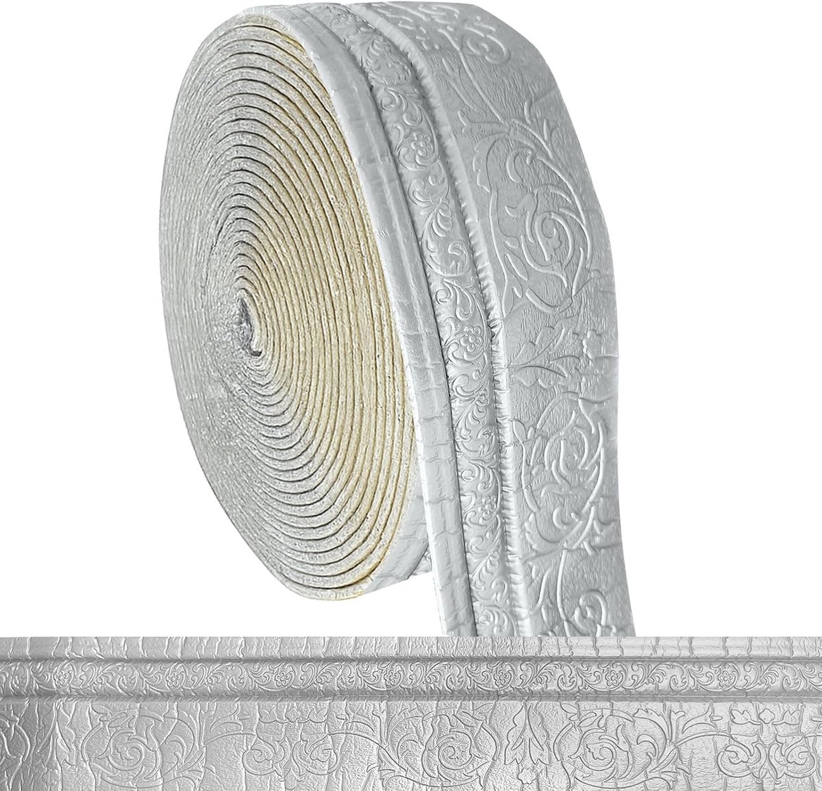 rand, 10 m x 10 cm x 5 mm, 3D-wandlijst, zelfklevend, waterdicht, wandrand, zelfklevend, voor hoeken, lijnen, plafond, zilvergrijs