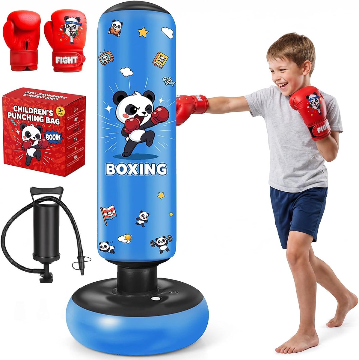 Staand, 130 cm, voor kinderen, opblaasbare staande bokszak met bokshandschoenen en pomp, cadeau voor jongens en meisjes voor het oefenen van karate, taekwondo, MMA, kickboksen
