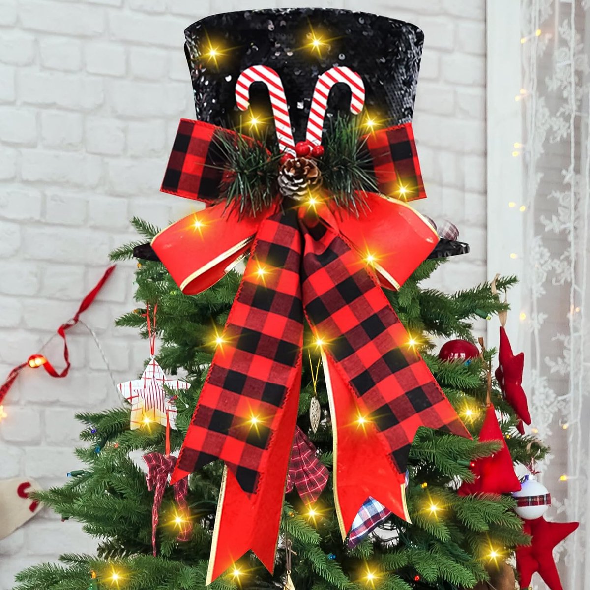 topper hoed met 20 warme lichten, 26 cm intrekbare rode fluwelen kerstboom top met lint, suikerriet boom topper voor boom winter vakantie feest decor desktop ornamenten (zwart)