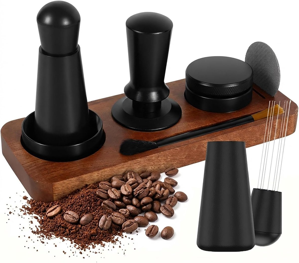 7-delige koffiestamper 53 mm met houten stamperstation voor barista