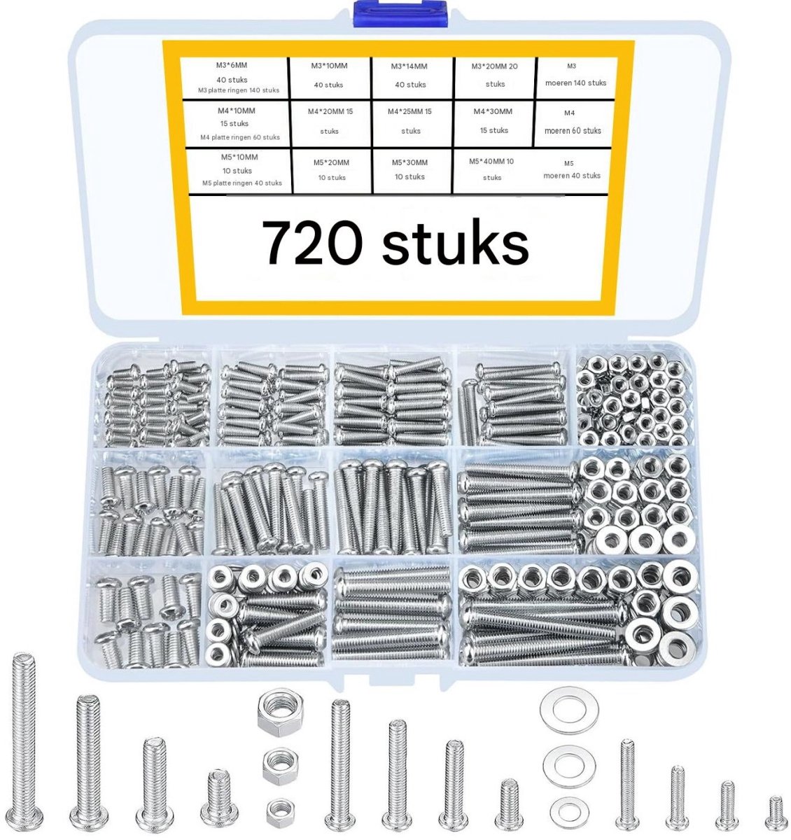 SSTRWGOOD 720 Stuks Sets met schroeven en moeren - Verzinkte M3 M4 M5 schroeven met muttern en ringen - Geschikt voor meubelmontage en technische toepassingen - Metaal - Inclusief kruiskop platte schroeven moeren en onderlegscheiben