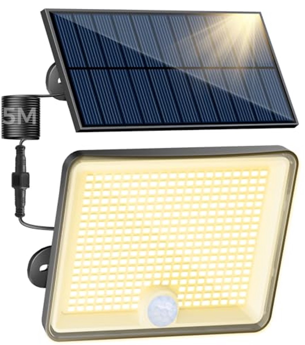 Solar Buitenverlichting met Bewegingssensor, 348 LED Solar Schijnwerper, IP65 Waterdicht, 3 Standen, 5M Kabel