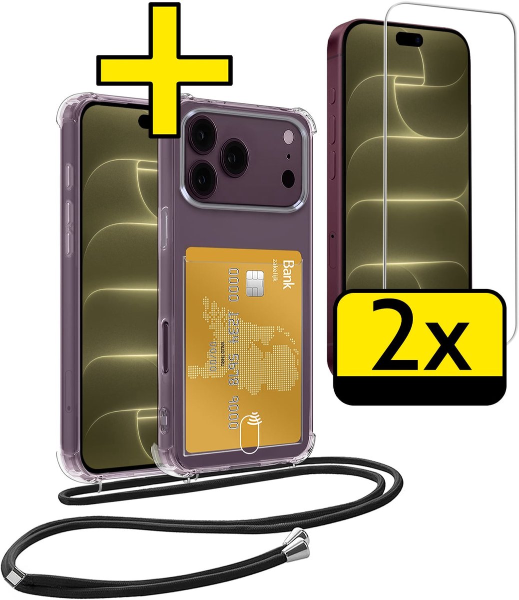 Hoesje Geschikt voor iPhone 18 Pro Max Telefoonhoesje Met Koord Case Pashouder Met 2x Screenprotector Siliconen - Hoes Geschikt voor iPhone 18 Pro Max Hoesje Met Kaarthouder - Transparant