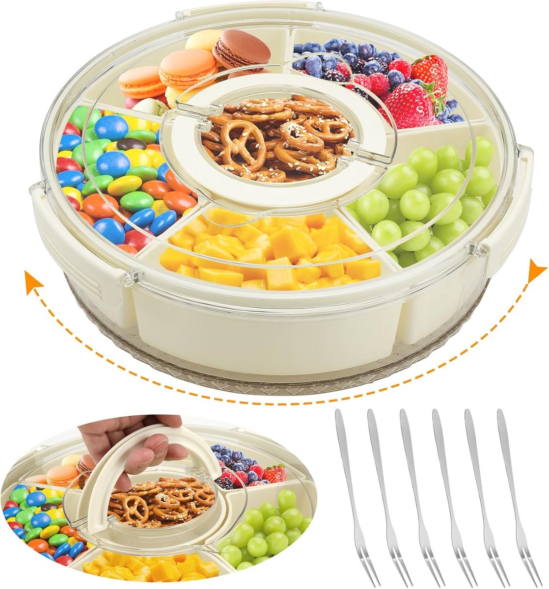 draaibare snackbox, snackbox met 6 vakken, snackbord met deksel, 30 cm snackschaal, snackbak, snackdoos, snackopbergdoos voor bijvoorbeeld snoep fruit