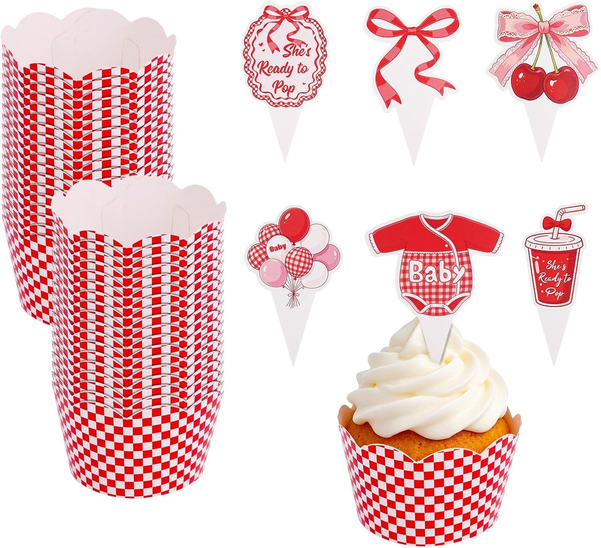 72st She's Ready to Pop Babyshowerdecoraties, Retro Cupcakeprikkers in de Vorm van Frisdrankflesjes en Wit-Rood Geblokte Bakvormpjes voor Taarten Ijsjes Babyshowers Verjaardagen en Bruiloften