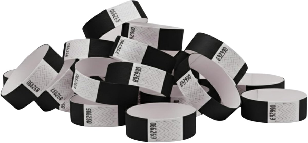 Identificatiepolsbanden 19 mm x 258 mm | Genummerd, niet overdraagbaar en waterbestendig | Controlepolsbanden voor evenementen, discotheken en feesten (Zwart)