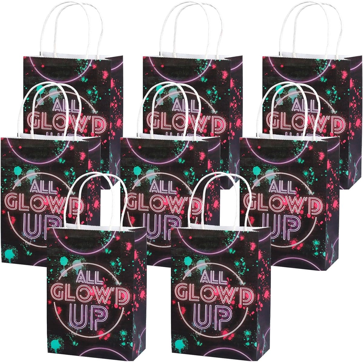 8 Stuks Glow Neon Party Papieren Zakken Kinderverjaardag, 21 x 15cm Lichtgevende Kraftpapieren Zakjes Herbruikbaar, Cadeauzakjes Neonfeestdecoraties Snoep Verjaardag Decor