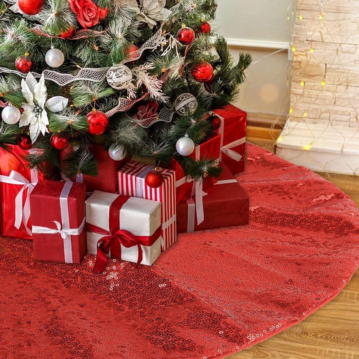 Kerstboomrok, 122 cm, luxe boomrok, glitter, pailletten, kerstboommat, dubbellaags, recyclebaar, kerstdecoratie voor feestdagen, pailletten, rood