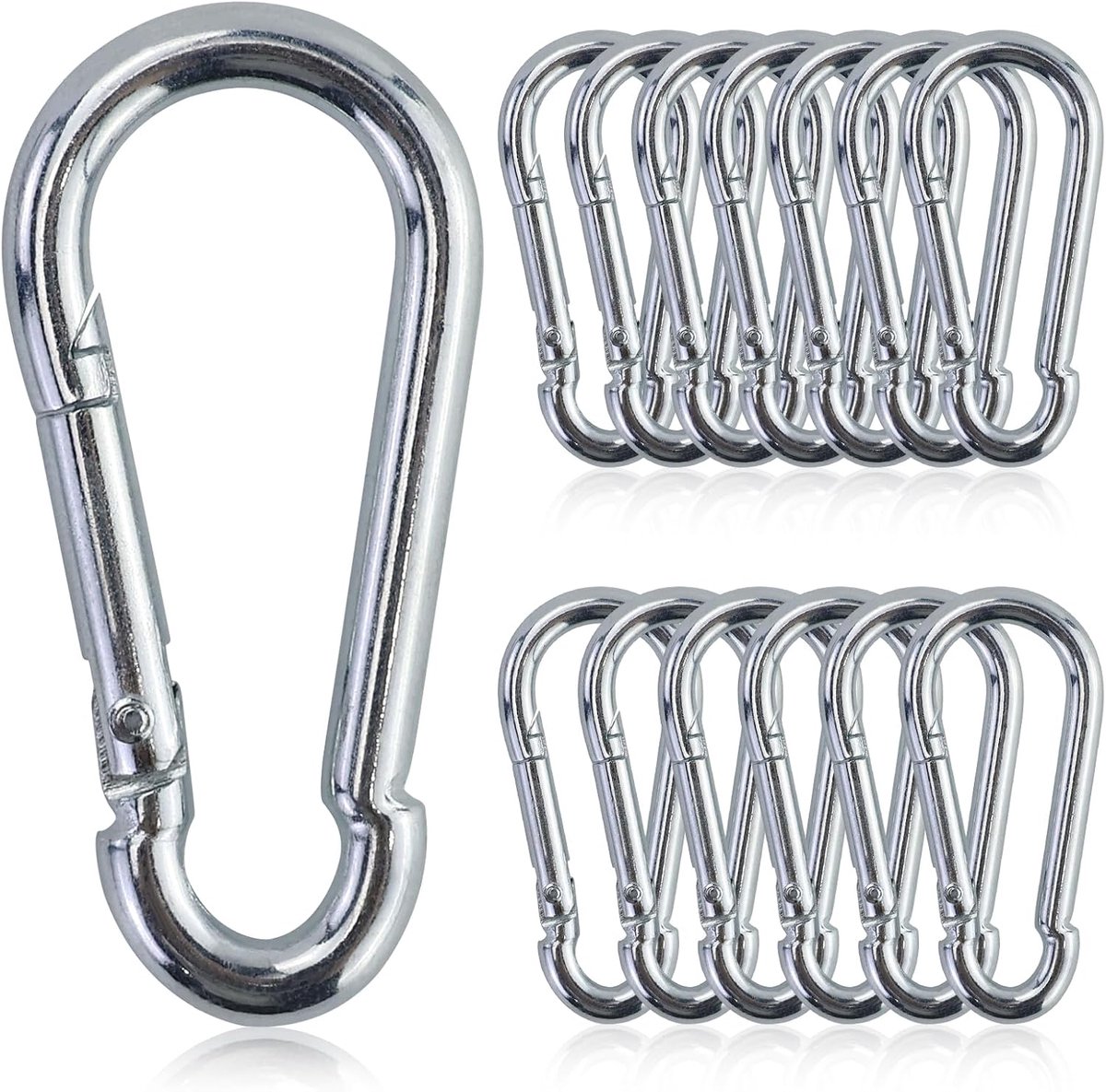 Set van 16 Karabijnhaken, 6 x 60 mm, Klein - Tot 180 kg Belastbaar - Voor Sleutelhanger, Camping, Hangmat, Hondenriem, Wandelen en Reizen