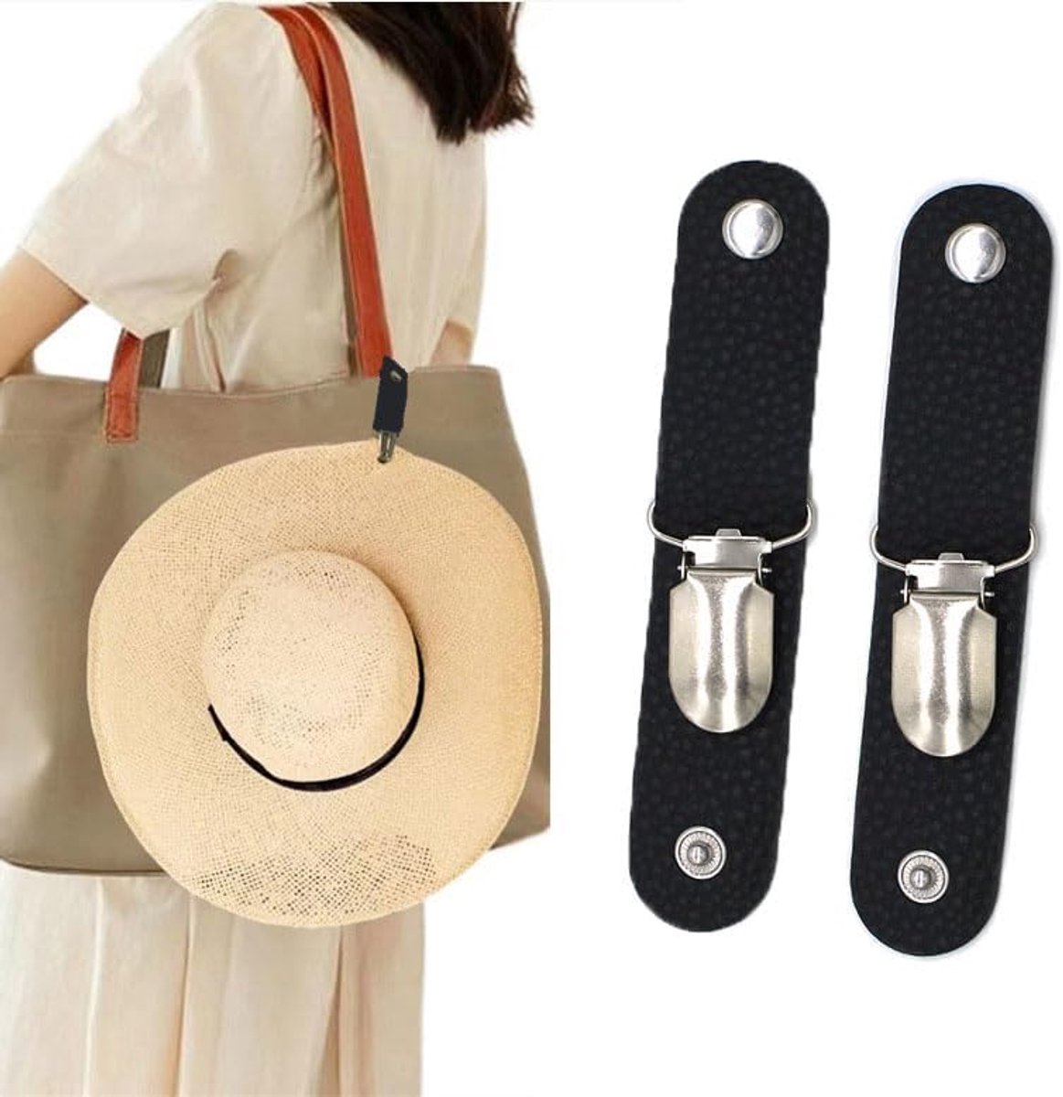 zalati Hoed Clip 2 stks Draagbare Cap Holding Knop PU Leer met Metalen Gesp voor Tas Bagage Dragen Reizen Outdoor Zwart, Zwart, One size