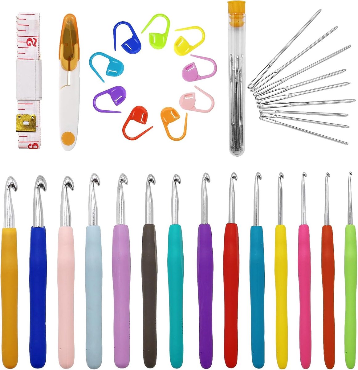 Haaknaaldenset in volledige grootte, 44 stuks haakset voor beginners met haakaccessoires, ergonomische haaknaalden, zachte rubberen haaknaaldenset (2,0 mm - 10,0 mm) met 1 gele schaar