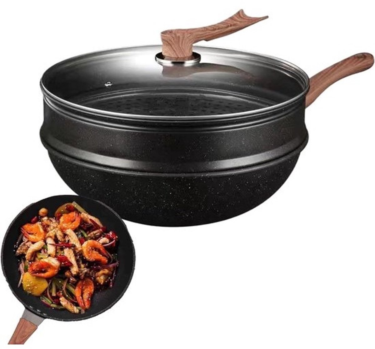 Diepe Wokpan - Antiaanbak Koekenpan - Allround Koken - Inclusief Deksel - 36x33x10 cm - Zwart