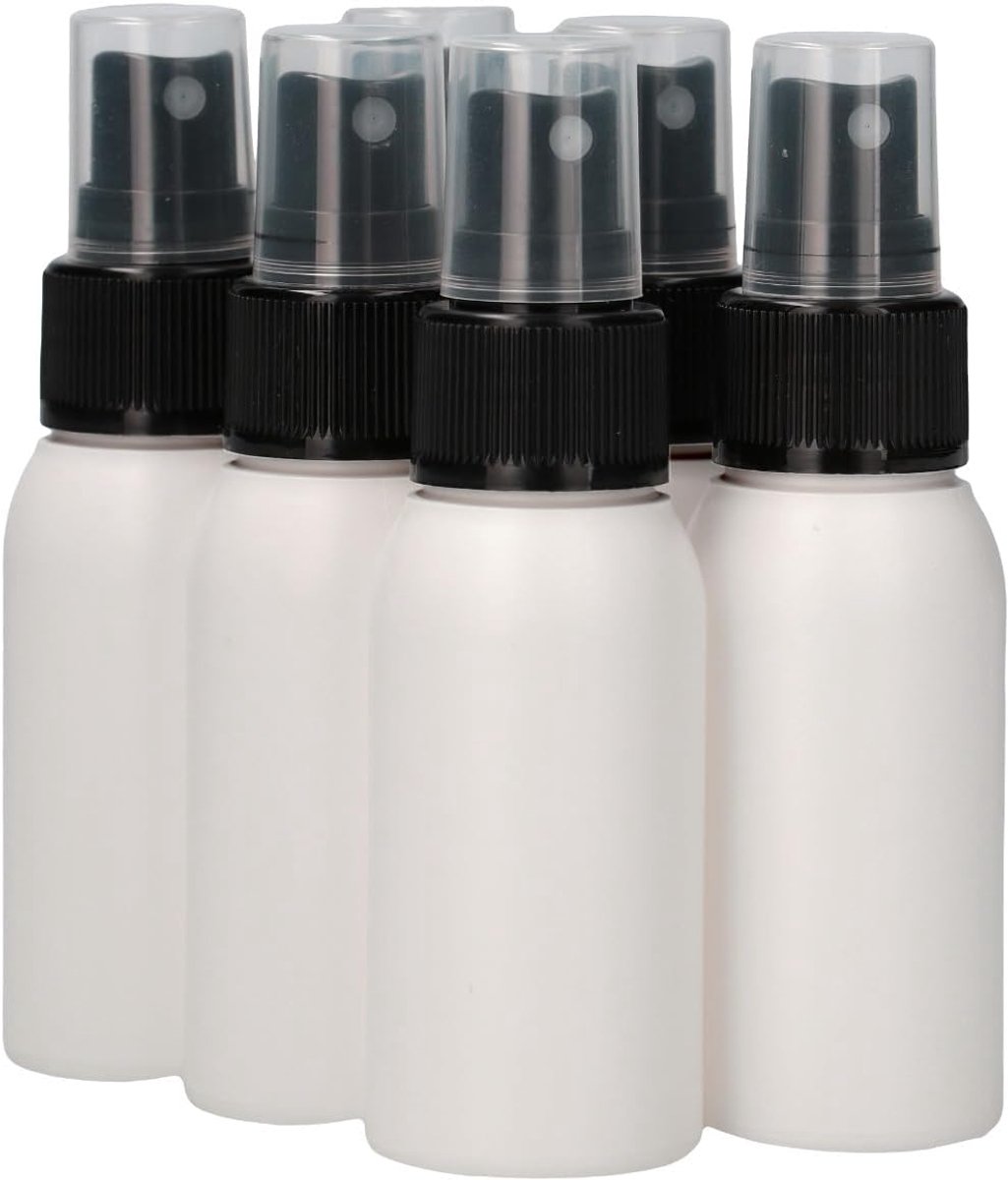 6 x 50 ml ronde fles HDPE wit + Sprayfles pomp zwart - BPA Vrij - Niet Breekbaar - Plastic Flesjes Navulbaar - Met Dop - Lege Flessen - 6 stuks