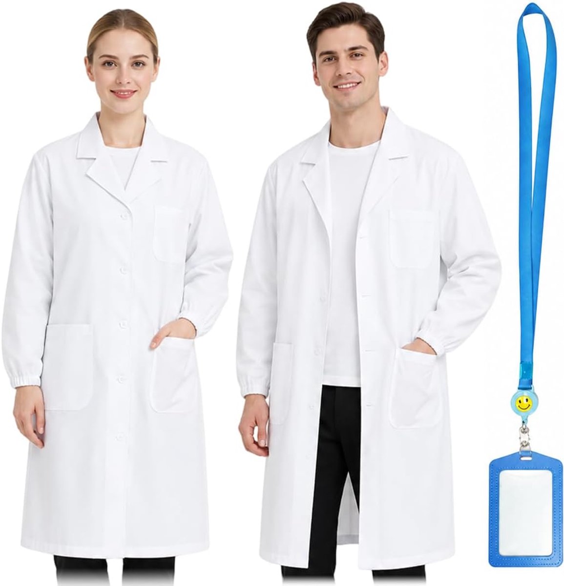 Dames en heren, witte katoenen laboratoriumjas, medische jas voor dames en heren, lange mouwen, voor artsen en studenten, met knoop - M