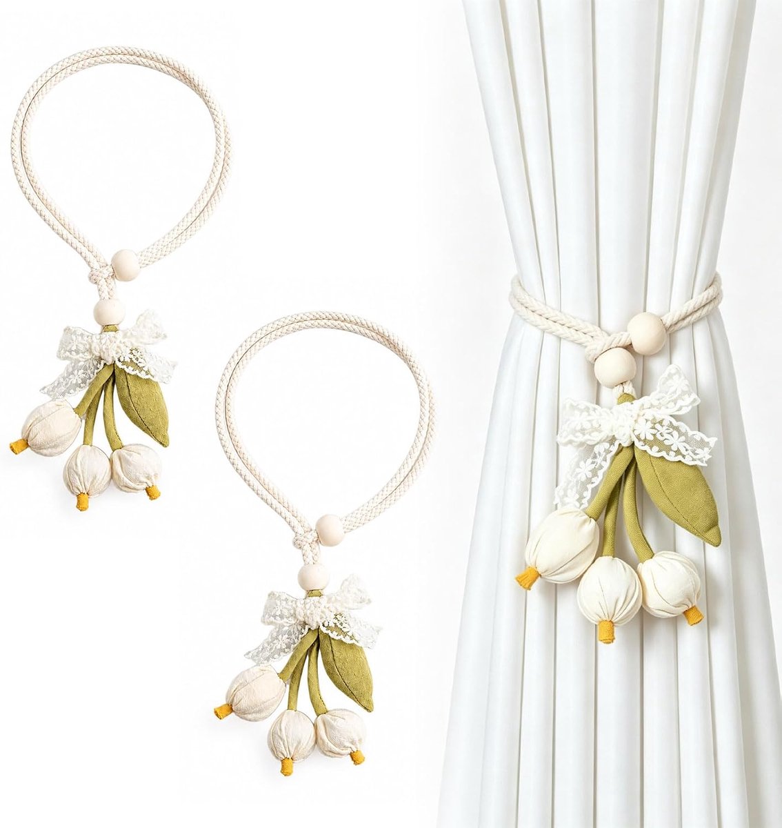 2-delige set gordijnophouders met bloemen – Boho gordijnophouders van katoen & kant, elegante gordijnbinders voor woonkamer & slaapkamer