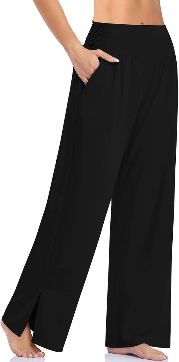 Damesbroek, wijde pijpen, casual, ruimvallend, comfortabel, hoog getailleerd, sportieve loungebroek met zakken, zwart 01, XXL
