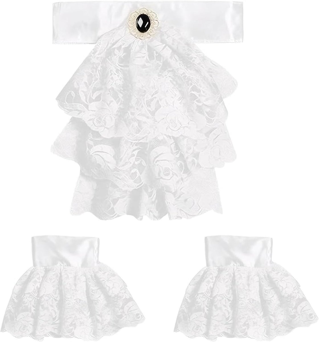 Jabot van kant met 2 manchetten, set van jabot en kanten manchetten, wit, accessoire, kostuum, carnaval, Halloween, themafeest