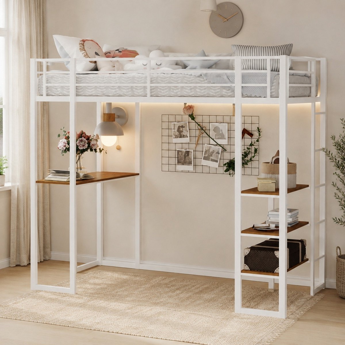 WUVRIE Hoogslaper 90x190 cm met bureau, opbergruimte, ladders aan beide zijden en uitvalbeveiliging, wit