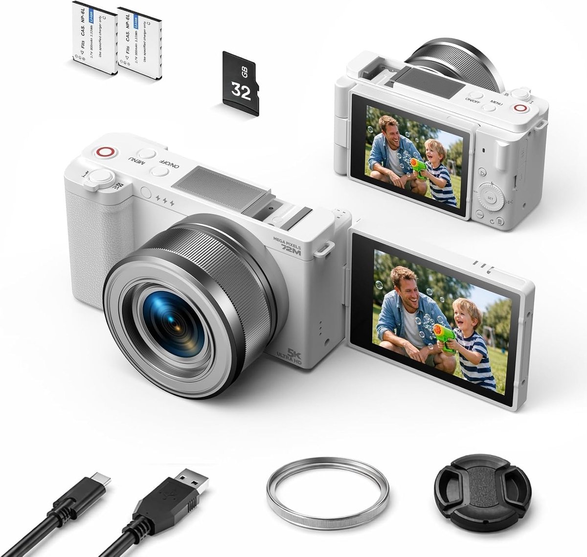 5K 72MP Digitale Camera – Compactcamera met 6x Optische Zoom, 2,8-inch 180° Kantelbaar Scherm, Autofocus, Beeldstabilisatie, 64GB Geheugenkaart en 2 Accu's – Ideaal voor Vloggen en Reisfotografie
