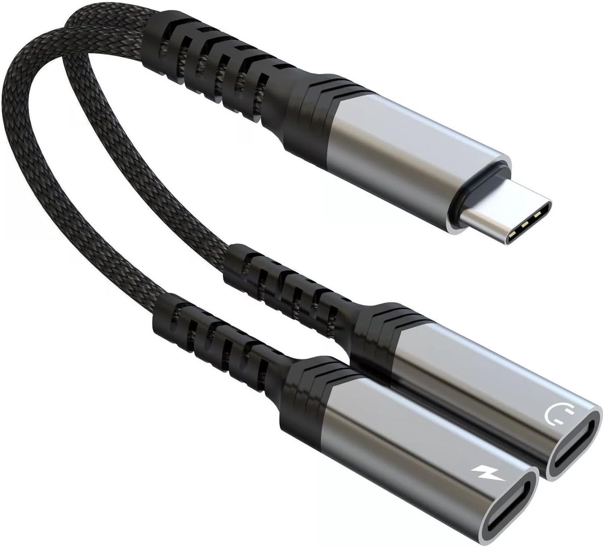 USB C-adapter, 60 W, 2-in-1, splitter type C naar 2 type C, gelijktijdig opladen en audio met hoge resolutie, compatibel met iPhone 16/15 iPad Air/Pro Samsung Galaxy S24/S23/S22/S21 Google