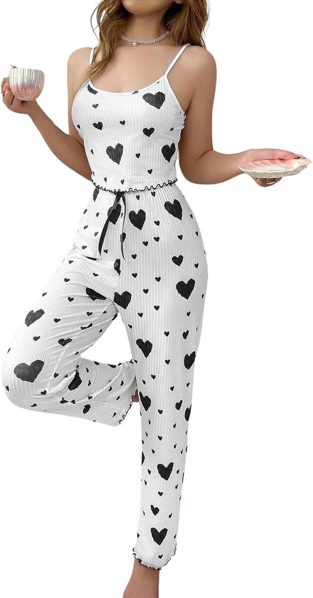 2-delige pyjamaset voor dames, met hartvormige print, camisole top en broek, sexy pyjama, schattig, comfortabel, mouwloos, sleepwear