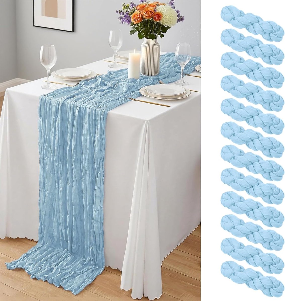 Set van 12 babyblauwe kaasdoek tafelloper - semi-doorschijnend gaas tafellopers 50 x 300 cm, 10 m bulk kaasdoek stoffen loper voor bruiloft, feest, babyshower, bruidsdouche