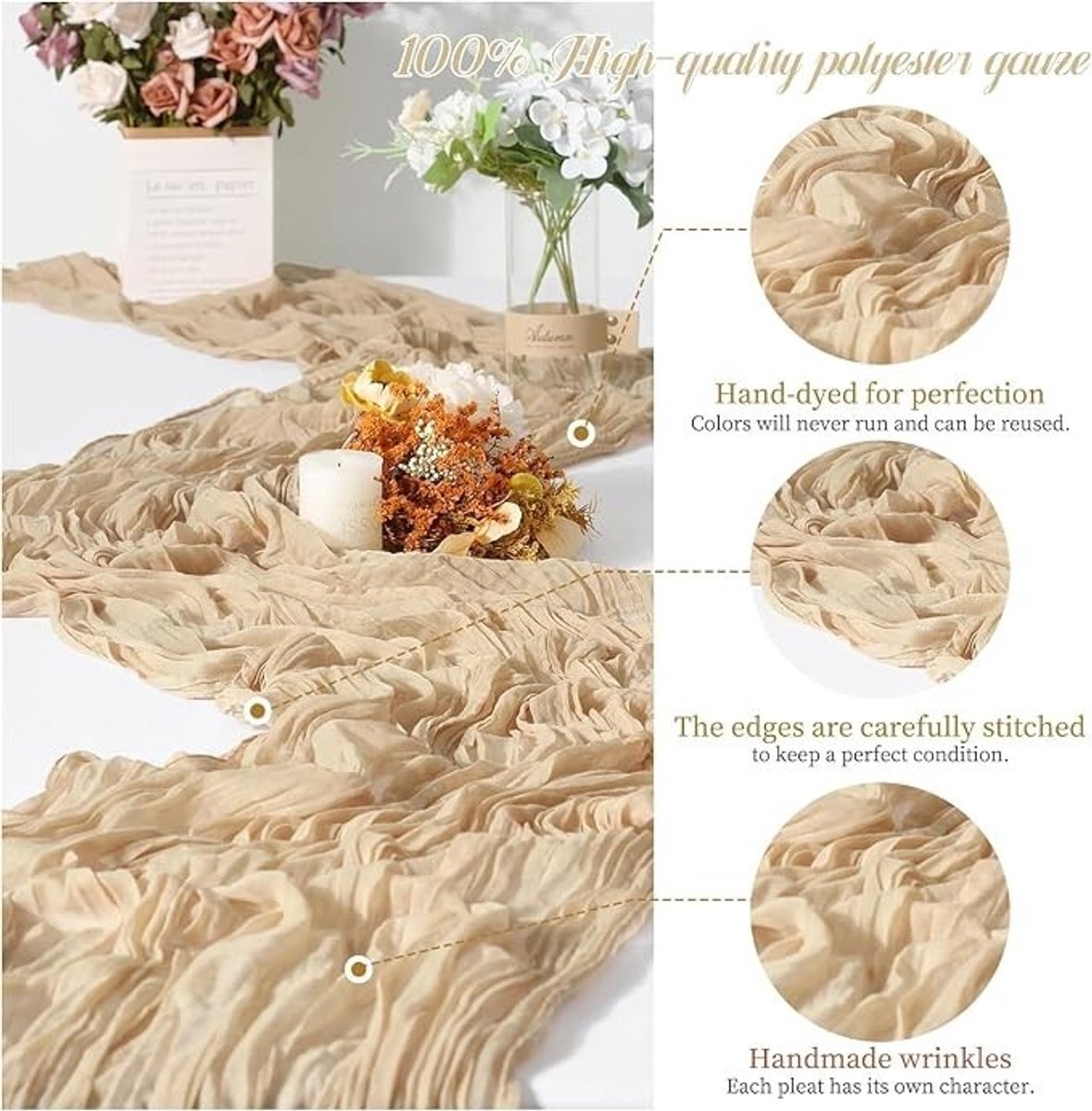 Livatto Kaasdoek Tafelloper Set van 2 – Beige Boho Tafelloper 90x180 cm – Katoengaas met Kreukels voor Bruiloft en Feest