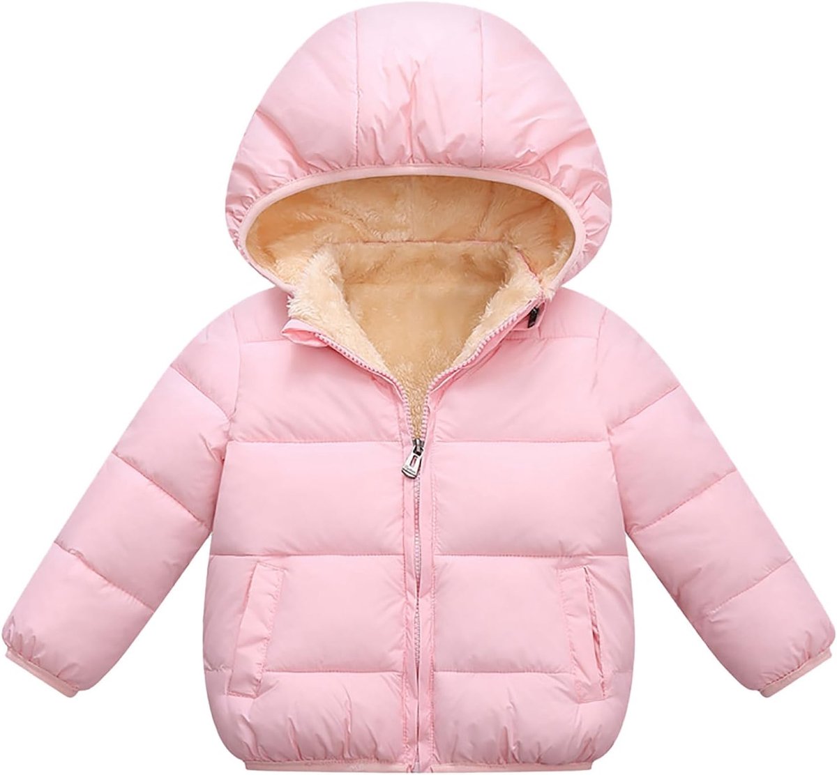 Winterjas met capuchon voor peuters, dikke warme outdoorkleding met zakken, knoopsluiting, klassieke effen jas