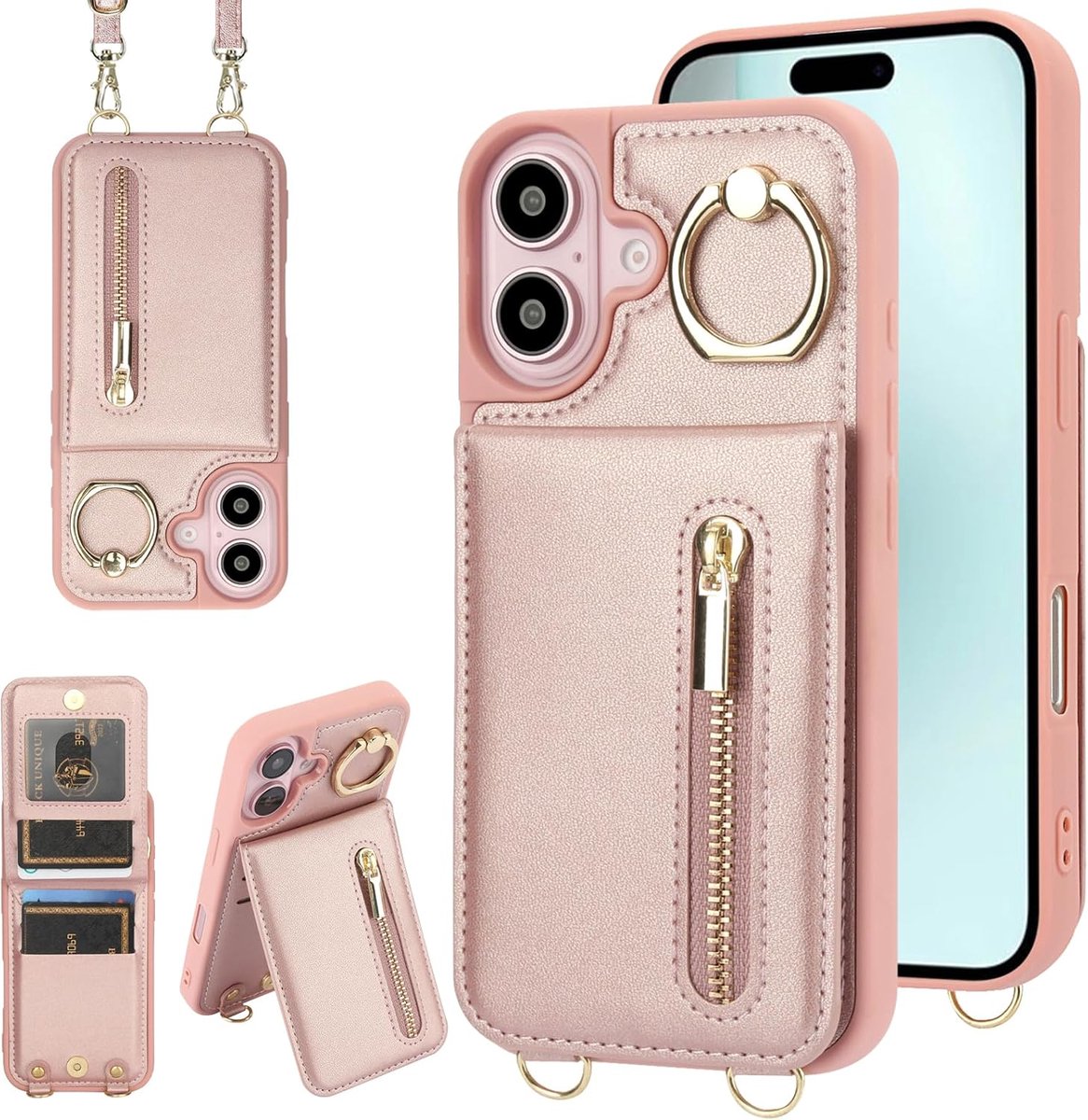 Crossbody Portemonneehoesje voor de iPhone 16 Plus met sleutelkoord kaartsleuf houder RFID-blokkering 360° ringstandaard, magnetisch klaphoesje met rits, PU-lederen hoes, roségoud