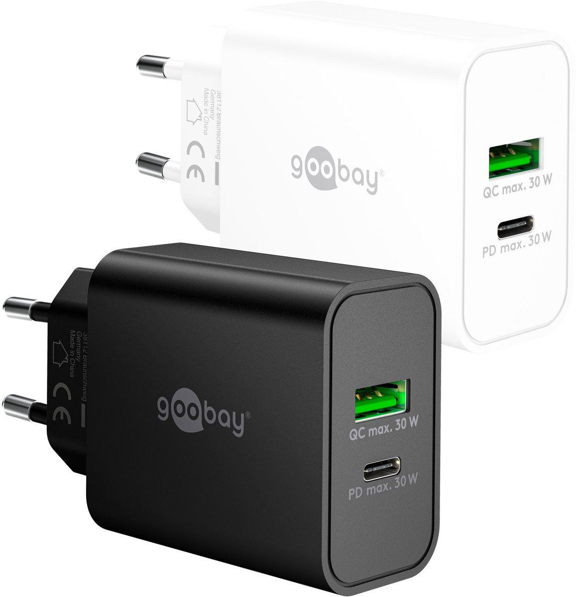 Image of Goobay GaN-snellader 30 W wit met USB-C Power Delivery en USB-A Quick Charge, laadt twee apparaten tegelijk