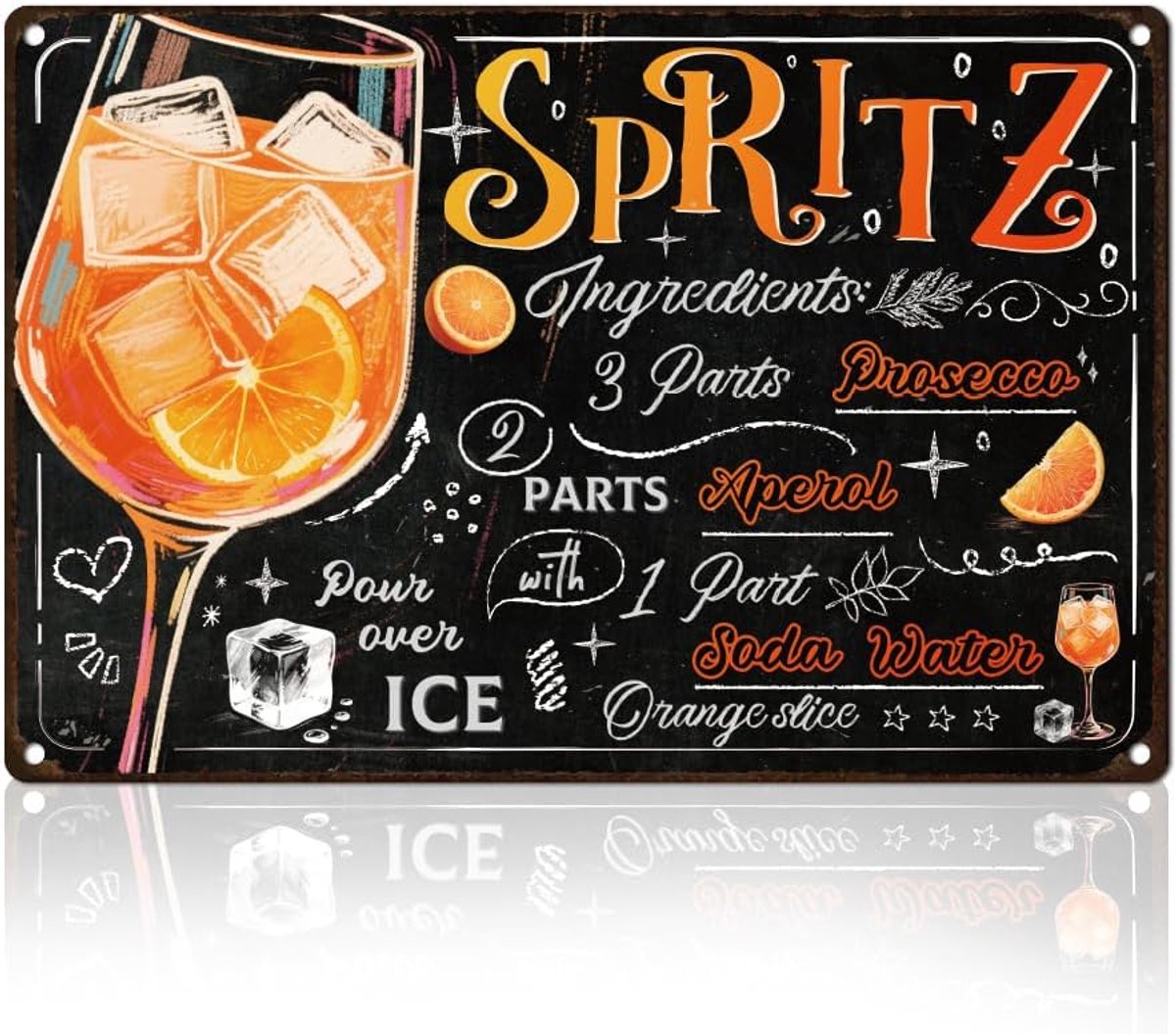 Spritz Bar tinnen bord, 20 x 30 cm, cocktailrecept, muurdecoratie, klassiek metalen bord, vintage muurposter voor thuis, bar, café, keuken, man, grot, decoratie, cadeau