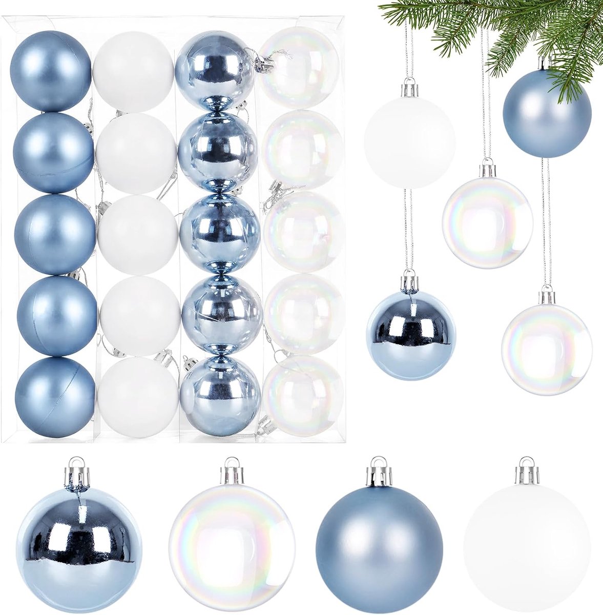Kerstballen Set, 20 Stuks Kerstboomballen Kunststof Ijsblauw & Wit Kerstboomballen Onbreekbare Kerstdecoratie met Ophanghaakje Kerstdecoratie Ballen