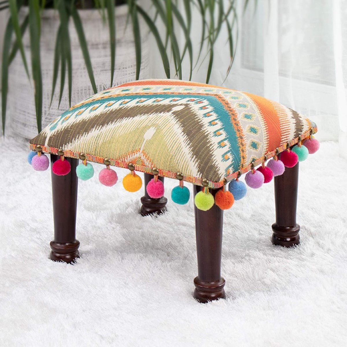 Ottomaanse Ottomanen, Bank Vierkante Voetbank, Stof Lage Kruk Ottomanen Bank Met 4 Houten Benen Amerikaanse Poef Voor Woonkamer Home Decor-Wit en groen 38x38x30cm (15x15x12inch)