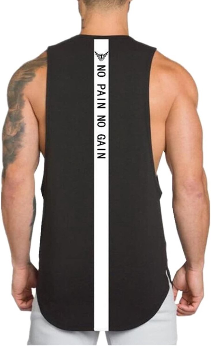 Tanktop voor heren, mouwloos, fitness spiershirt, NO Pijn No Gain voor gym, workout, sport, bodybuilding, zwart, L