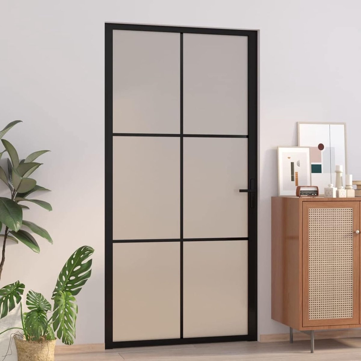 Binnendeur, moderne deur voor woonkamer, badkamer, keuken, EGS glas en aluminium, mat zwart, 102,5 x 201,5 cm