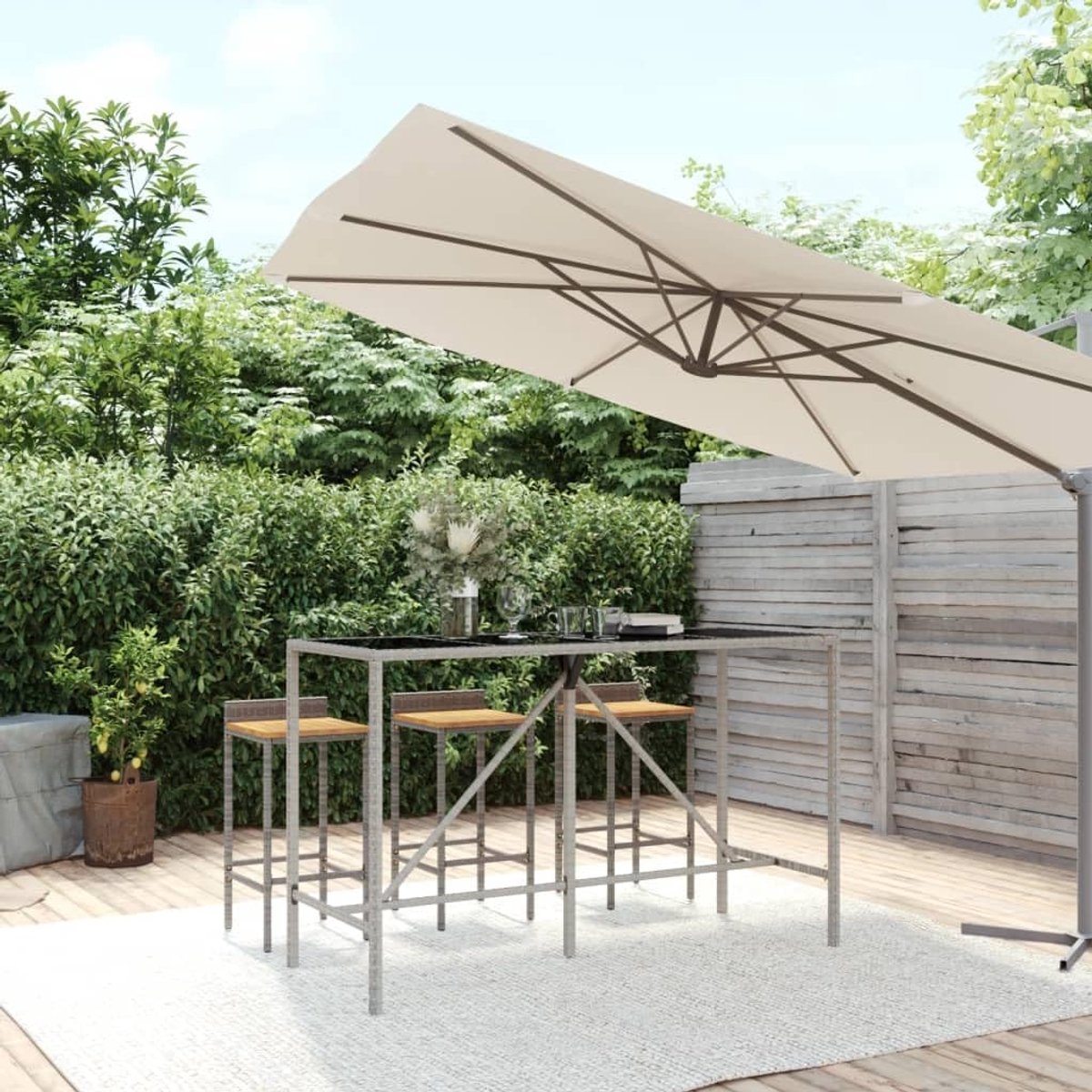 Outdoor, balkontafel, tuinmeubelen, bartafel met glasplaat, grijs, 180 x 70 x 110 cm, polyrotan voor gazon, tuin, terras