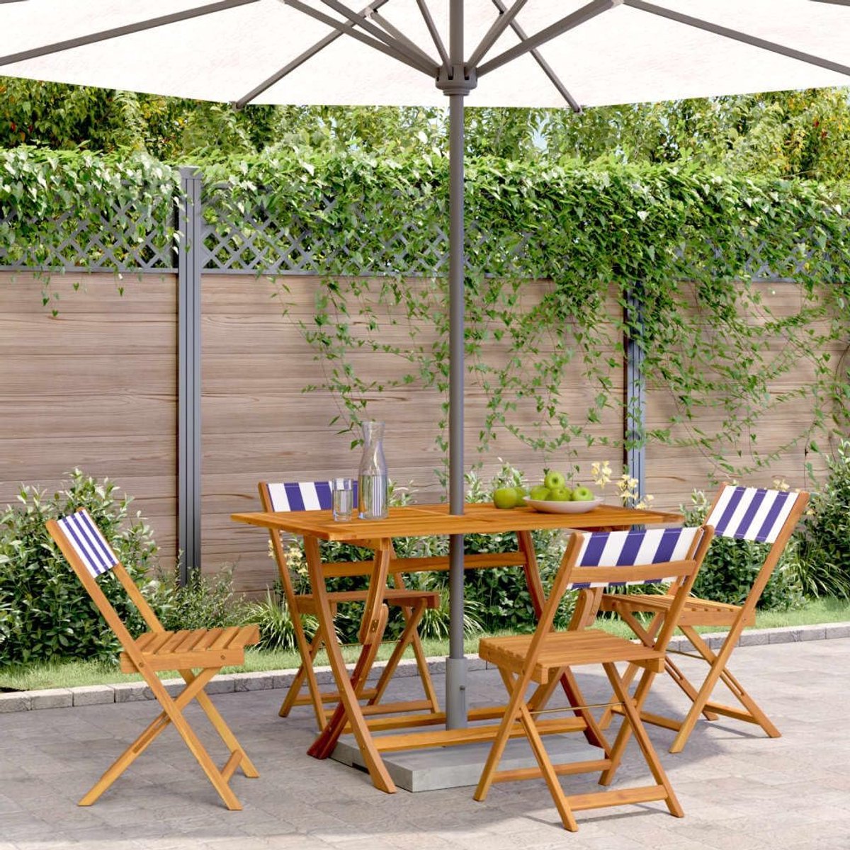Inklapbare tuinstoelen, 4 stuks, blauw en wit, stof en hout, stoel, buitenstoelen, eetkamerstoelen voor buiten, terrasstoelen, P3214625